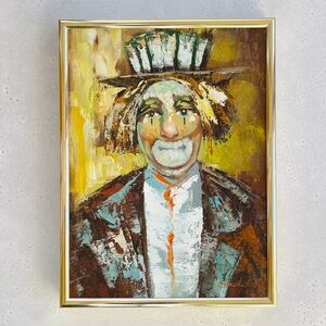 Vintage Signed Sad Hobo Clown Oil Painting 12”x 16”